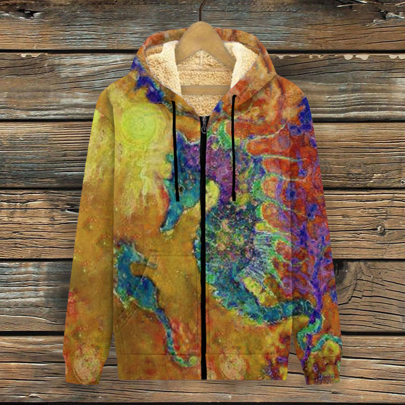 Contrast Color Seahorse Oil Painting Print Fleece Jacket - Yellow - 4XL - image 3