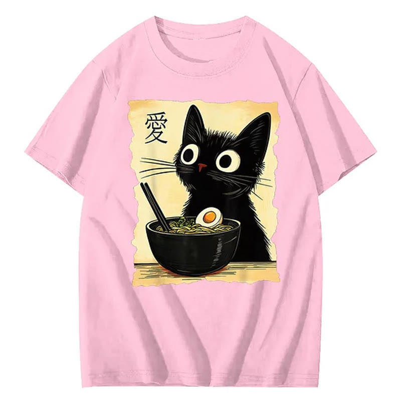 Unisex Funny Cat Eating Ramen Print Short Sleeved Crew Neck T-Shirt - Pink - 2XL - image 5