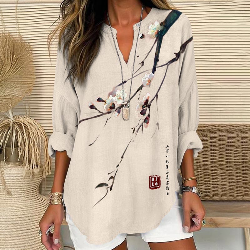Dashingsoul Vintage Plum Blossom Art Print V Neck Long Sleeve Blouse