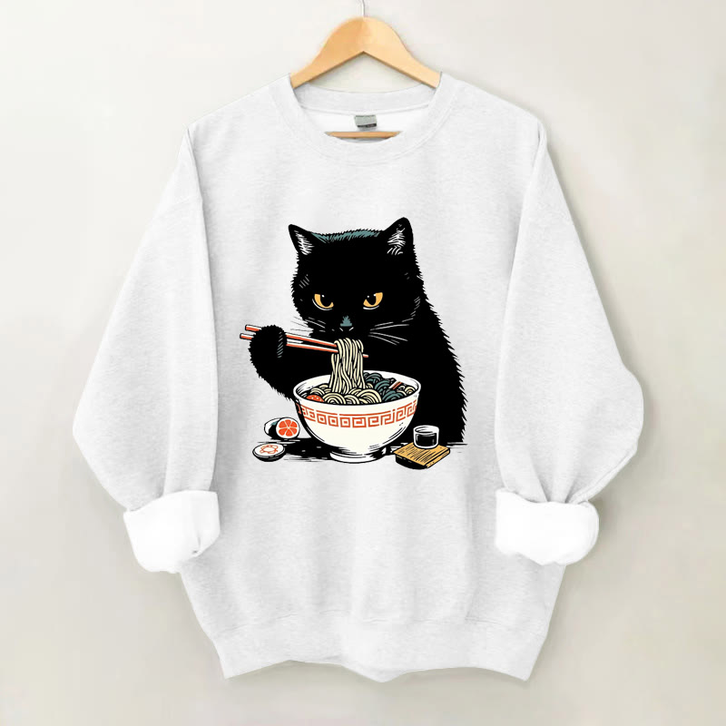 100% Cotton Japanese Cute Cat And Ramen Print Crew Neck Sweatshirt - White - 2XL - image 2
