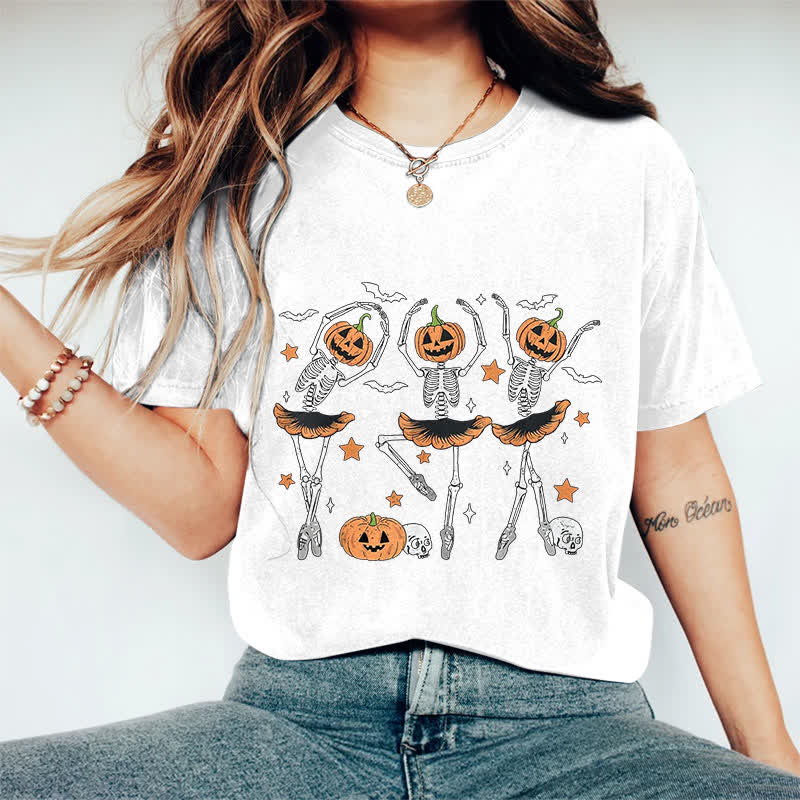 100% Cotton Women's Halloween Creative Dancing Pumpkin Skeleton Art Print Casual T-shirt - White - 2XL - image 2