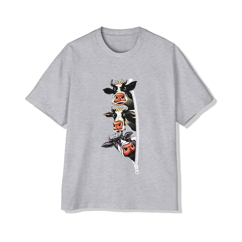 Unisex Creative Zipper Cow Pattern Print Short Sleeved Crew Neck T-shirt - Grey - 2XL - image 4