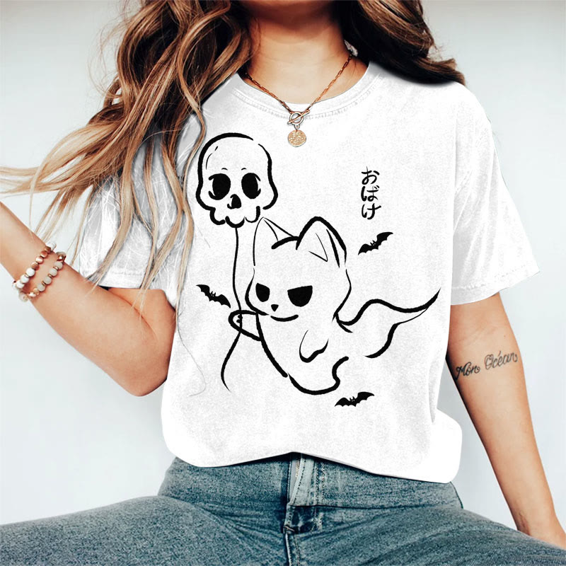 100% Cotton Women's Halloween Cat Holding Ghost Balloon Art Print Casual T-shirt - White - 2XL - image 3