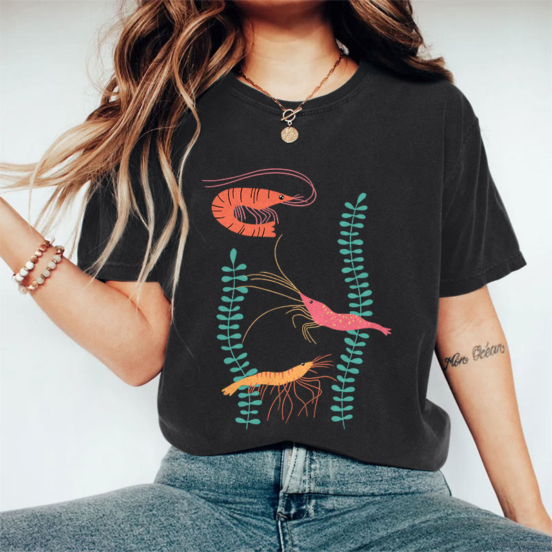 100% Cotton Women's Japanese Creative Colored Shrimps Art Print Casual T-shirt - Black - 2XL - image 3