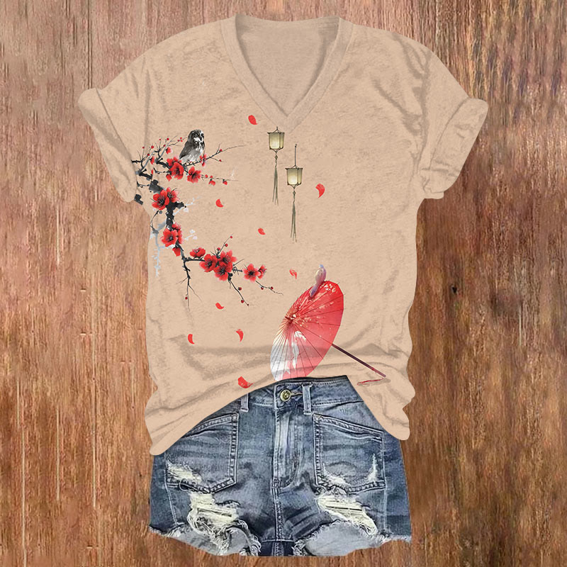 Japanese Floral Owl & Umbrella Art T-shirt - Khaki - US32-34(5XL) - image 3