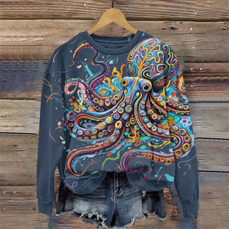 Vintage Rainbow Octopus Art Print Sweatshirt - Blue - 5XL - image 3