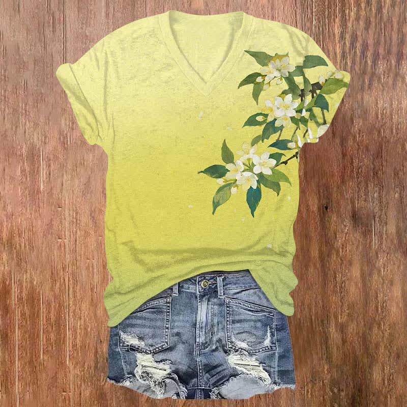Japanese Watercolor Pear Blossom Art Print V-neck T-shirt - Yellow - US32-34(5XL) - image 3