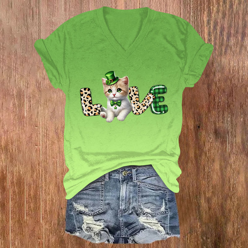 St. Patrick's Day LOVE Kitten Print Short Sleeved V-neck T-shirt - Green - US32-34(5XL) - image 3