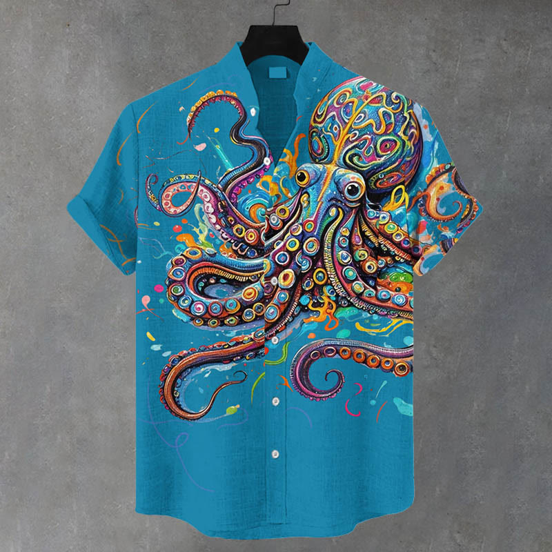 Men's Vintage Rainbow Octopus Print Casual Shirt - Lake Blue - 5XL - image 2