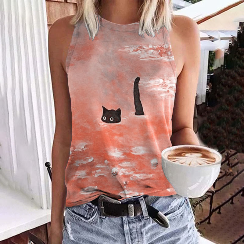 Women's Oil Painting Cat Print Art Tank Top - Orange - 5XL - image 4