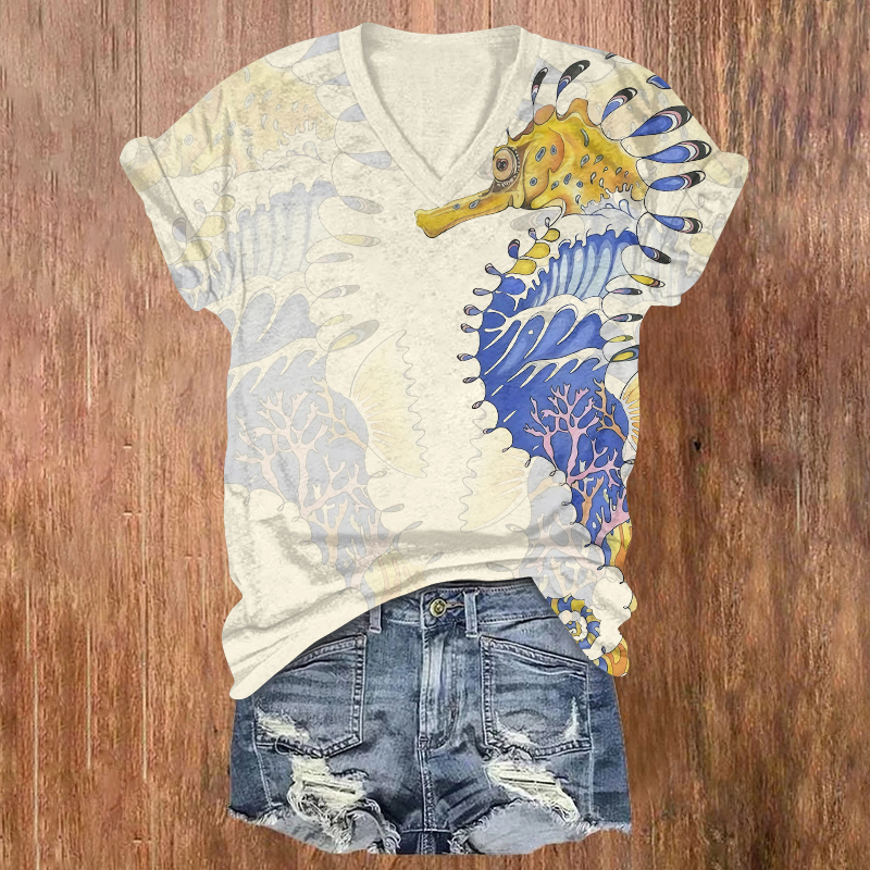 Artistic Seahorse Illustration Print Short Sleeved V-neck T-shirt - Beige - US32-34(5XL) - image 1