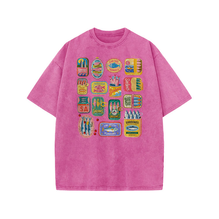 Unisex Vintage Sardine Can Print Acid Washed T-shirt - Pink - US20-22(3XL) - image 9