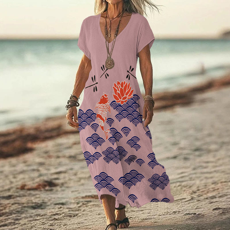 Japanese Style Koi Fish Dragonfly Wave Art Print V-neck Dress - Purple - 6XL - image 3