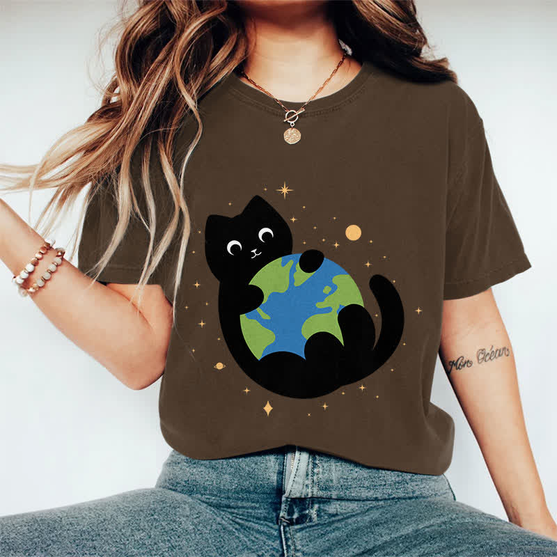 100% Cotton Funny Cat Holding The Earth Art Print T-shirt - Coffee - 2XL - image 3