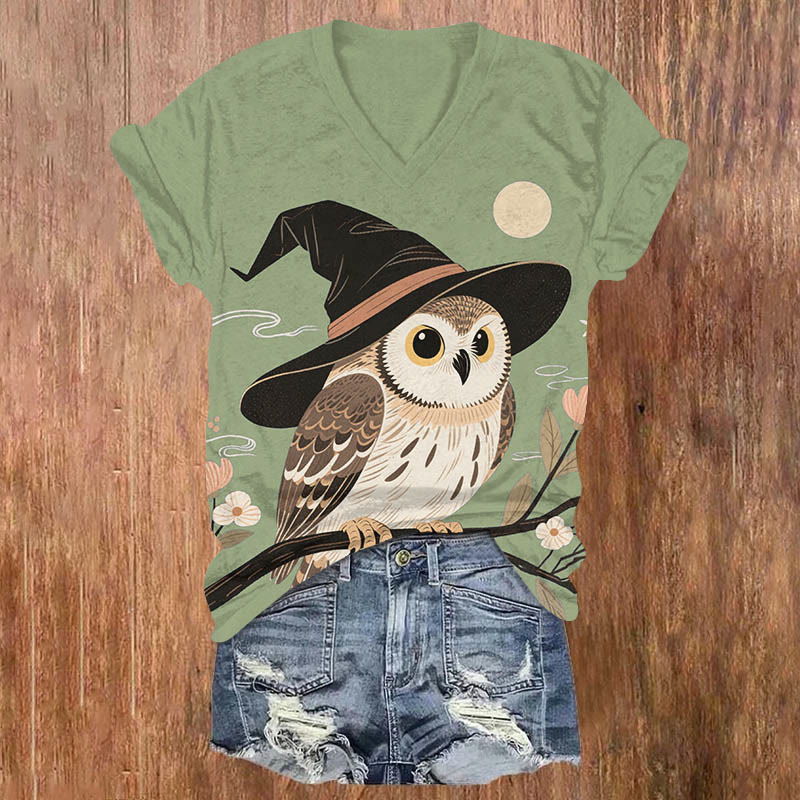 Halloween Wizard Hat Owl & Full Moon Print V-neck T-shirt - Green - US32-34(5XL) - image 3