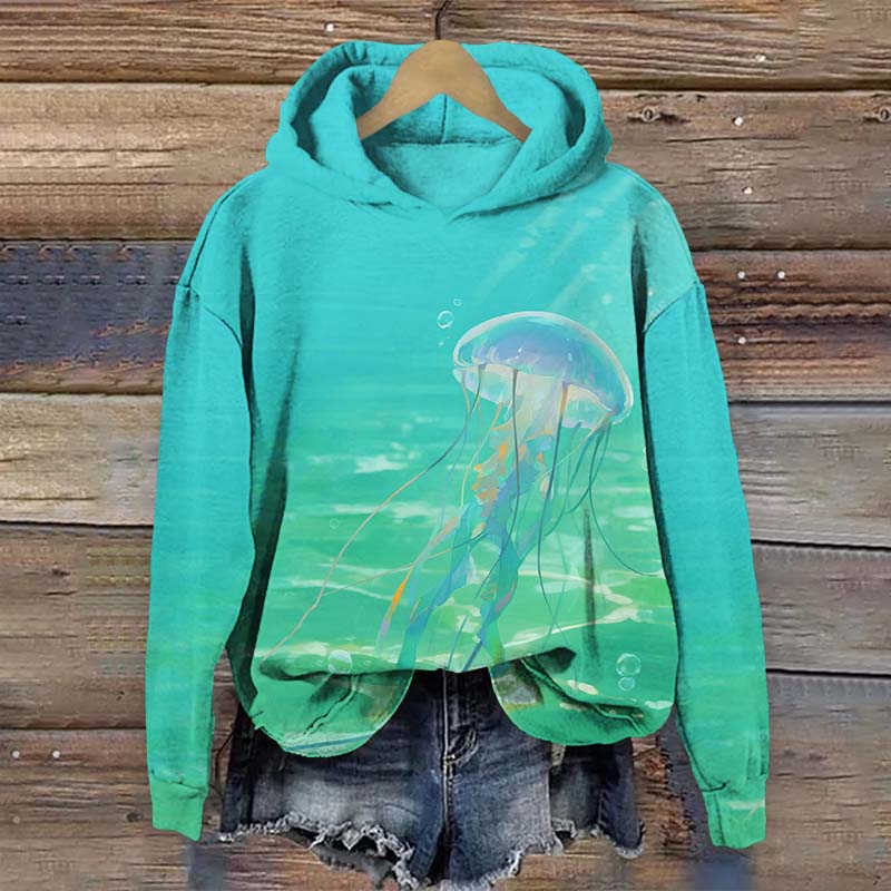 Ombre Fantasy Jellyfish Art Print Long Sleeve Hoodie - Green - US44-46(8XL) - image 2