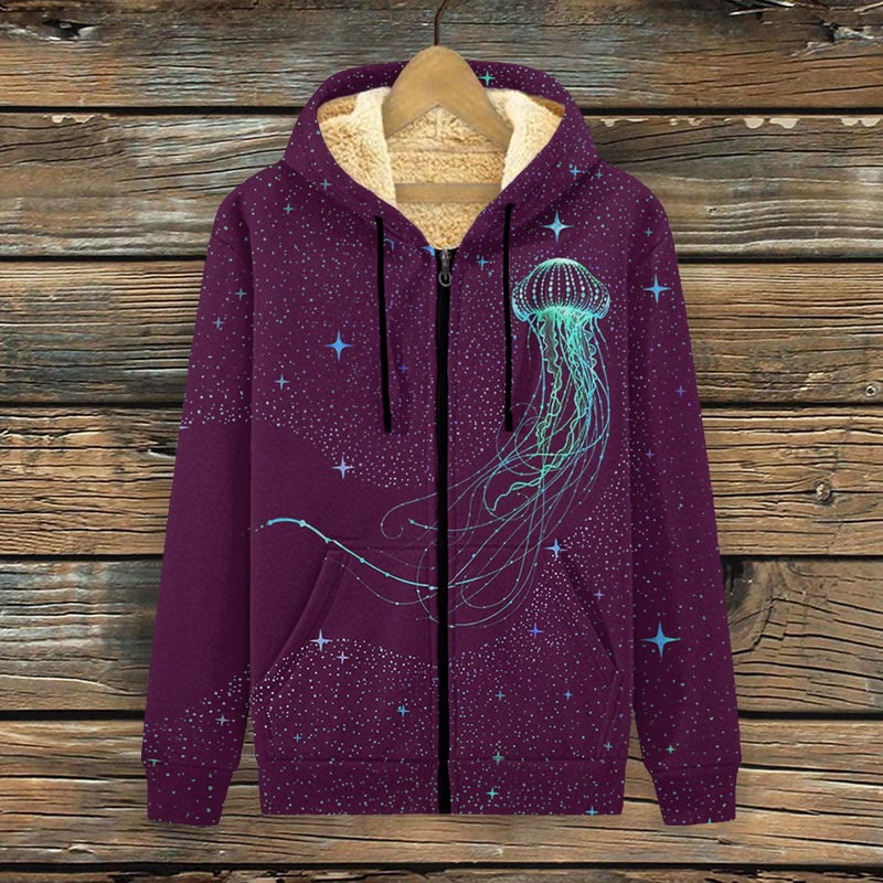 Colorful Starry Sky Jellyfish Print Fleece Jacket - Purple - 4XL - image 4