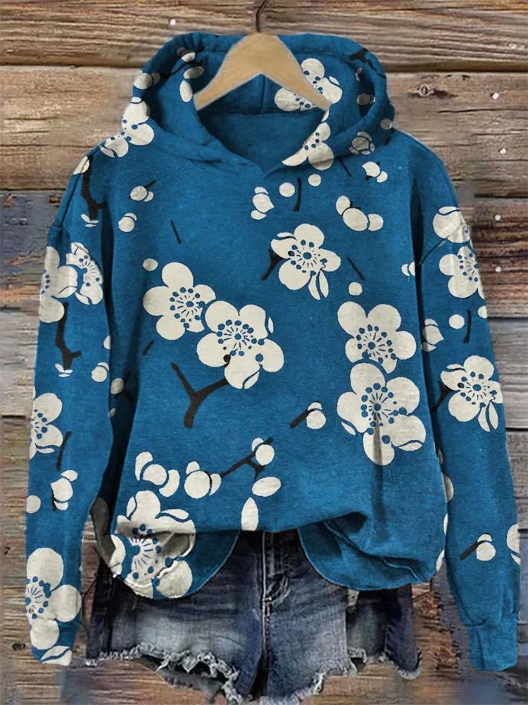 Dashingsoul Plum Blossom Japanese Lino Art Cozy Hoodie