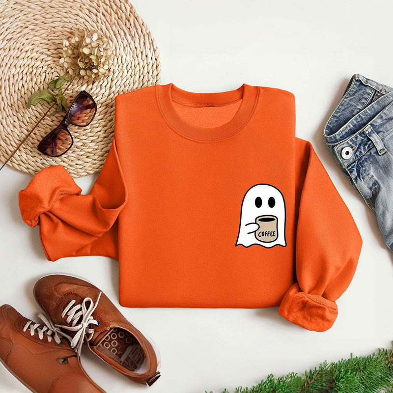Plus Size Cute Ghost Coffee Sweatshirt Women Ghost Sweatshirt Ghost Season - Orange - 5XL - image 5