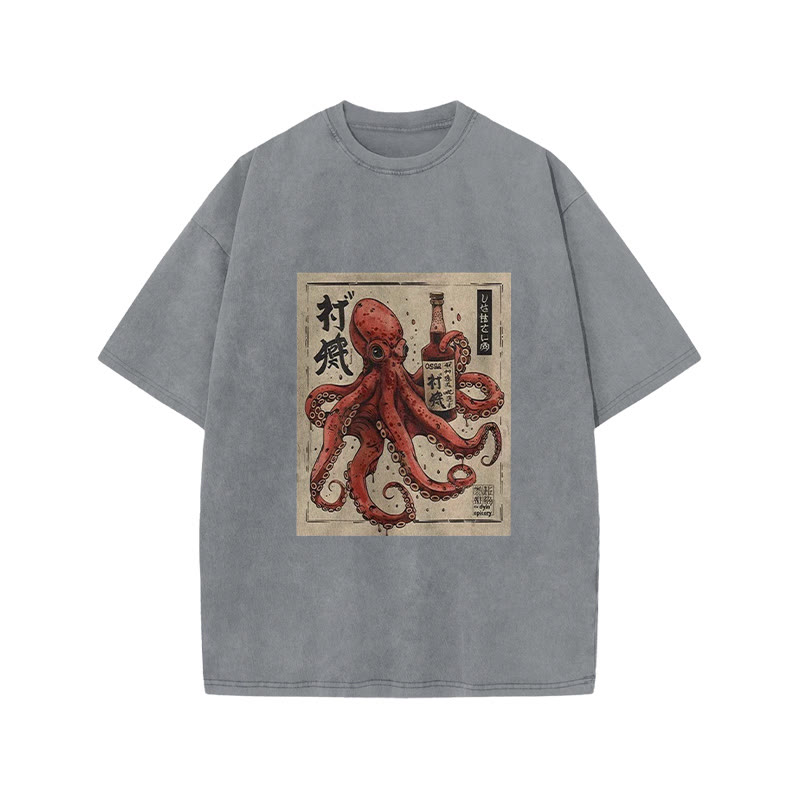 Unisex 100% Cotton Osaka Saké Octopus Vintage Print Acid Washed T-shirt - Grey - 3XL - image 3