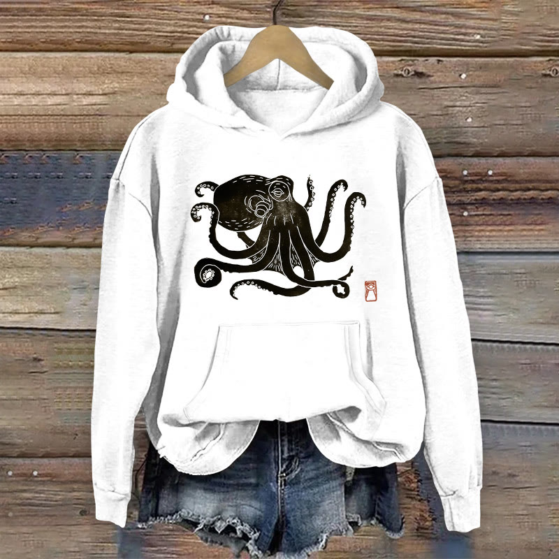 100% Cotton Octopus Print Women's Hoodie - White - 2XL - image 4