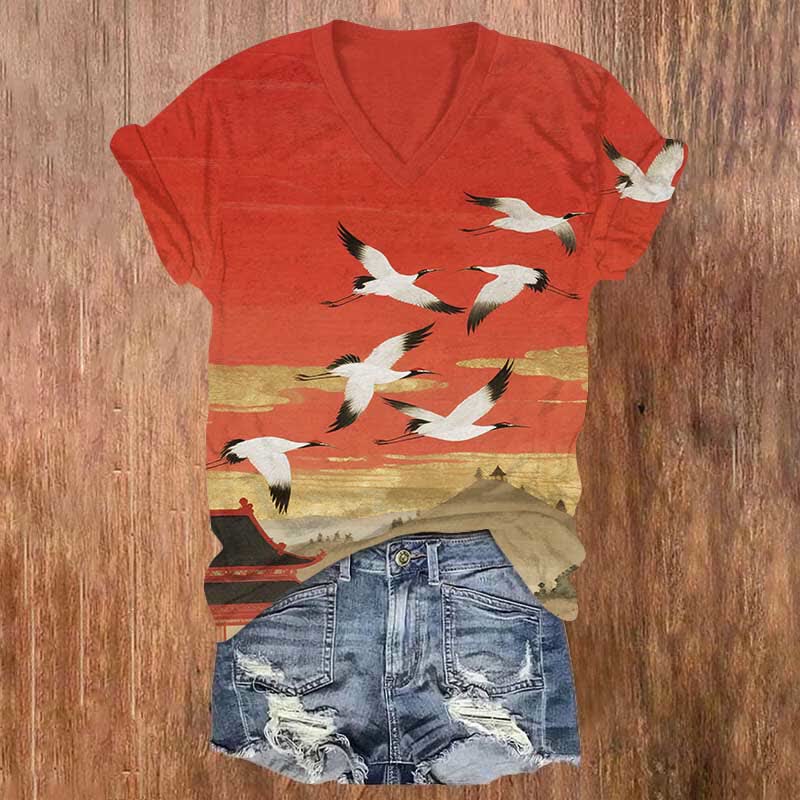 Japanese Art Flying Cranes Print V-neck T-shirt - Red - US32-34(5XL) - image 3
