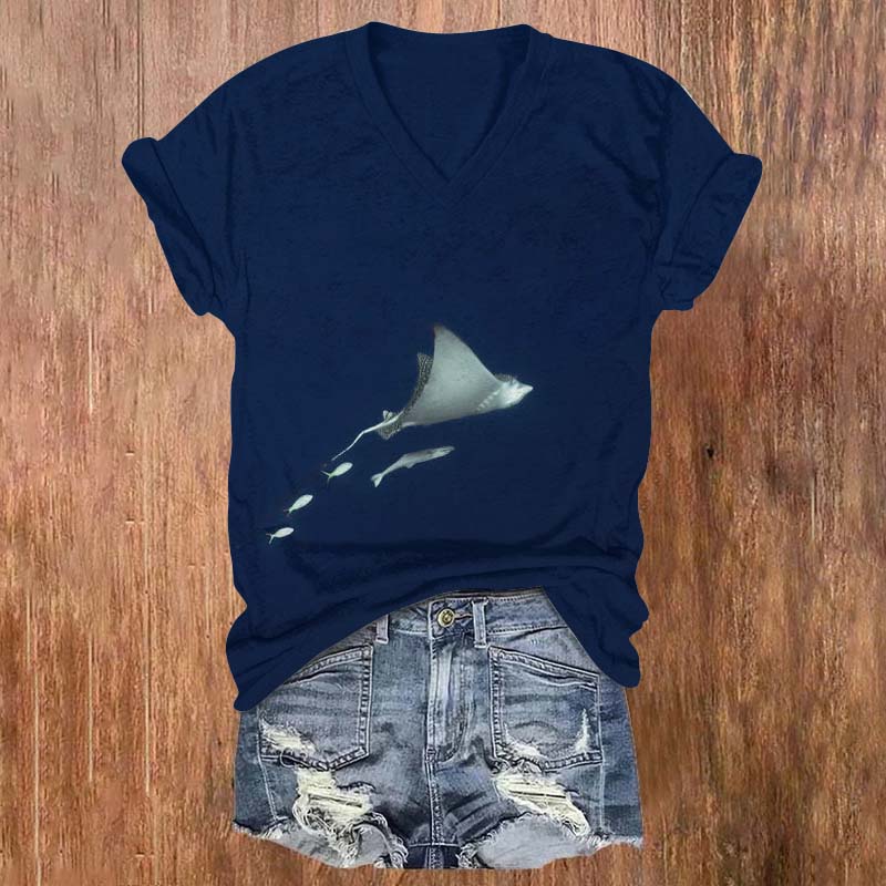 Creative Manta Ray Art Print T-shirt - Blue - 5XL - image 1