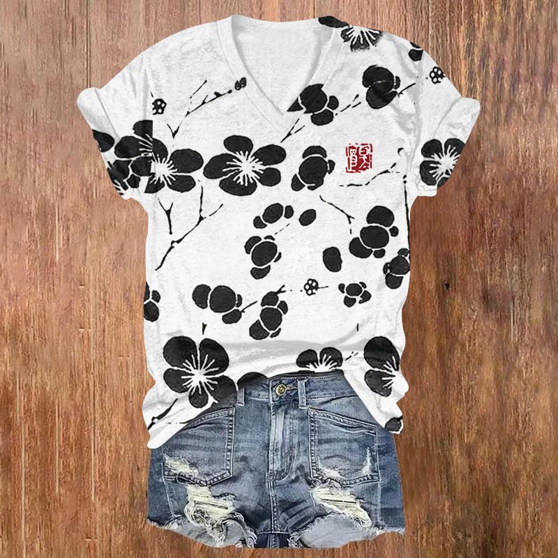 Cherry Blossom Japanese Lino Art Vintage Print Casual V-neck T-shirt