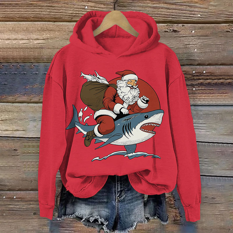 Santa Claus Riding A Shark Christmas Print Long Sleeve Hoodie - Red - US44-46(8XL) - image 5