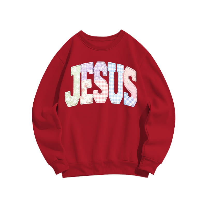 Christian Sublimation Jesus Faux Embroidered Patchwork Print Sweatshirt - Red - US16-18(2XL) - image 8