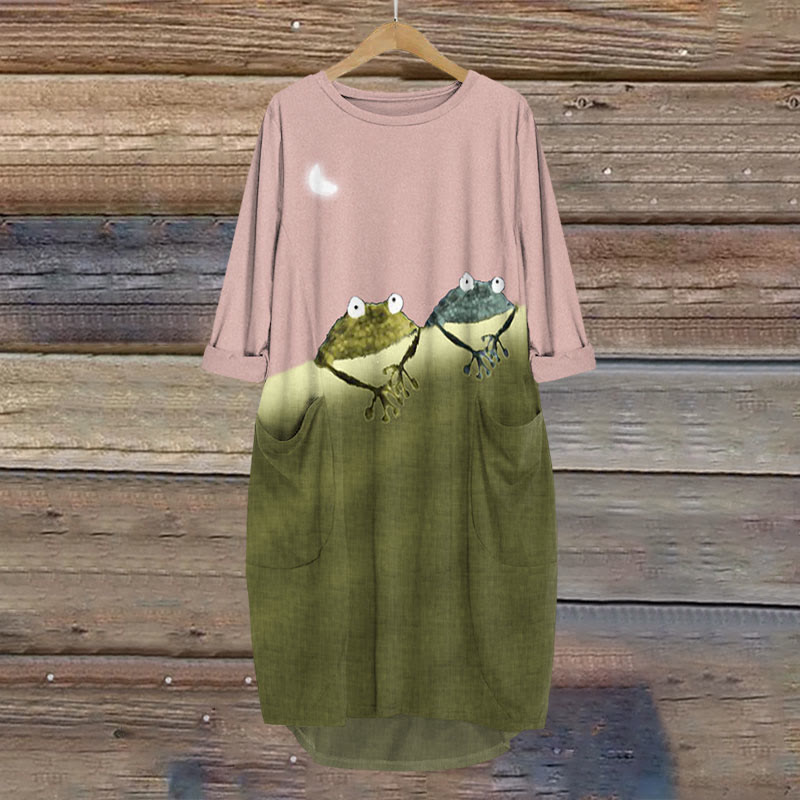 Simple Frog Color Block Print Crew Neck Dress - Pink - 8XL - image 3