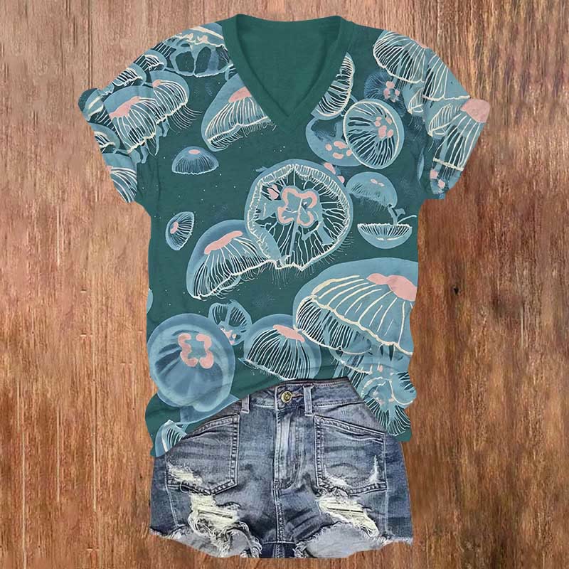 Creative Jellyfish Mushroom Cloud Art Print V-neck T-shirt - Green - US32-34(5XL) - image 4