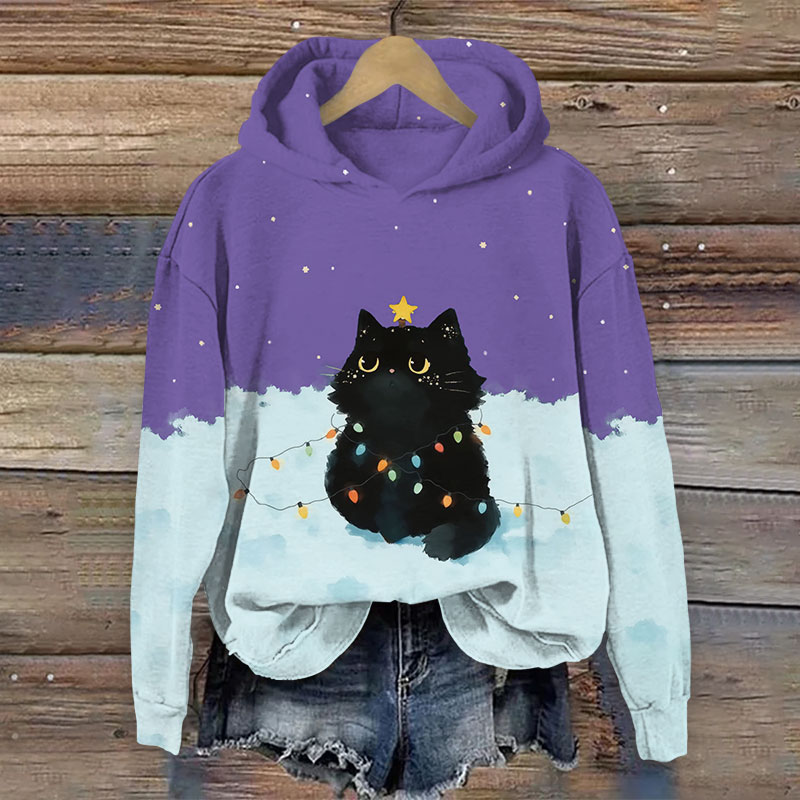Black Cat Entangled With Colored Light Bulb Art Print Long Sleeve Hoodie - Purple - US44-46(8XL) - image 4