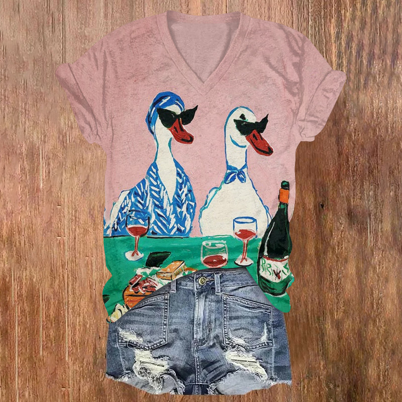 Funny Duck Drinking Wine Art Print Short Sleeved V-neck T-shirt - Pink - US32-34(5XL) - image 1