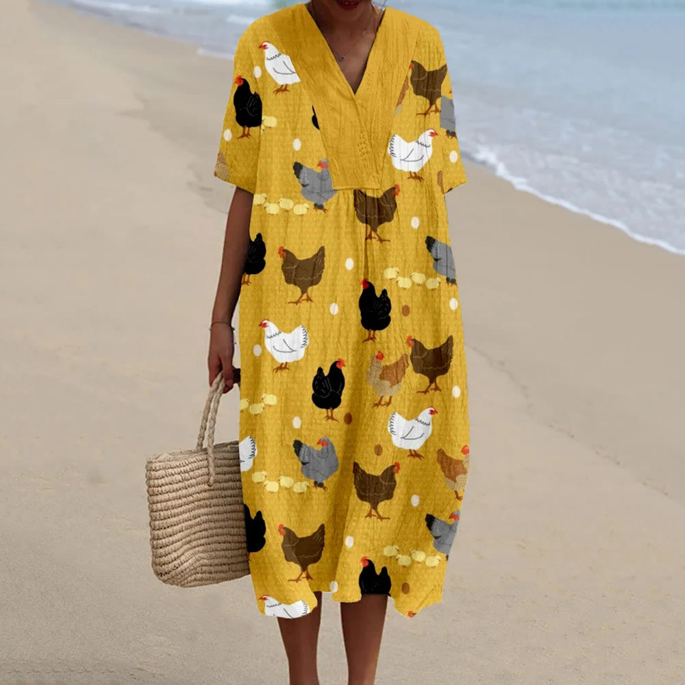 Hens and Chicks Graphic Vintage Midi Dress - Yellow - 6XL - image 3