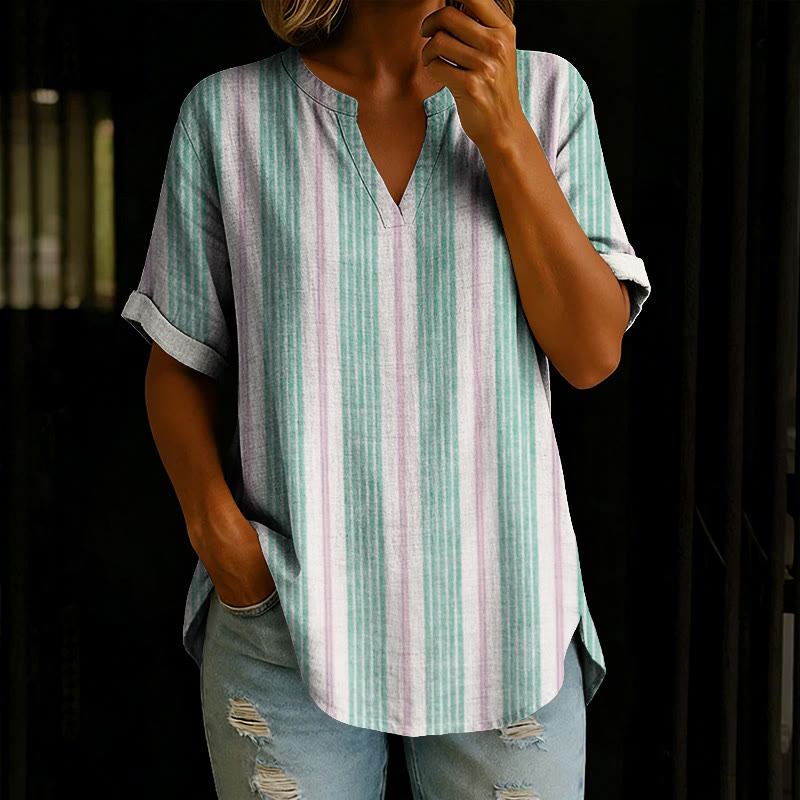 Seaside Color-block Stripes Print Short Sleeve Casual Blouse - Light Green - 5XL - image 3