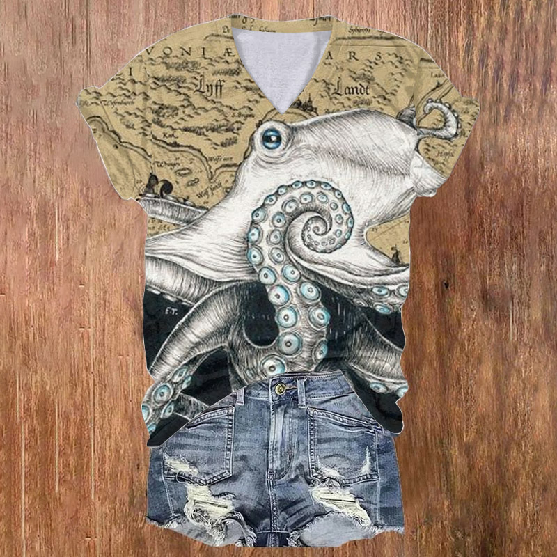 Abstract Art Octopus Print V-neck T-shirt - Khaki - 5XL - image 1