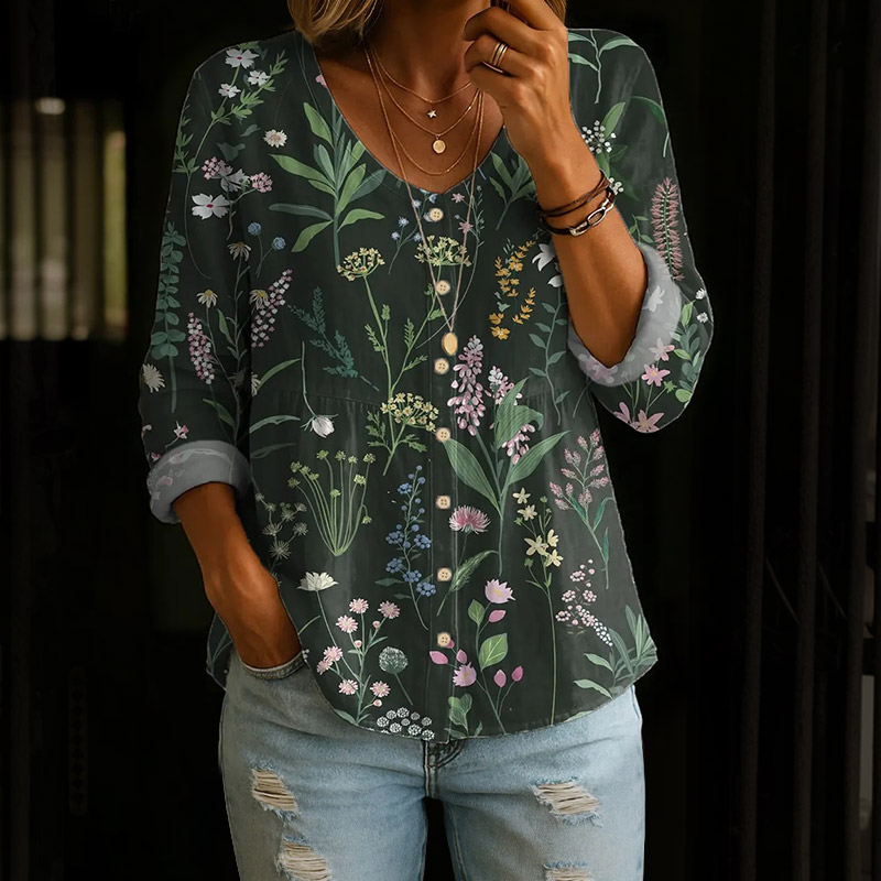 Colored Floral Art Print Button V-neck A-line Long Sleeve Blouse - Dark Green - 4XL - image 1