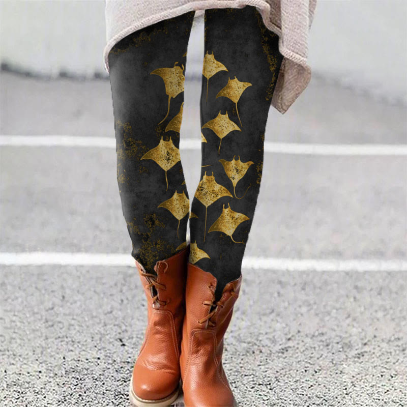 Vintage Manta Ray Art Print Leggings - Black - 5XL - image 7
