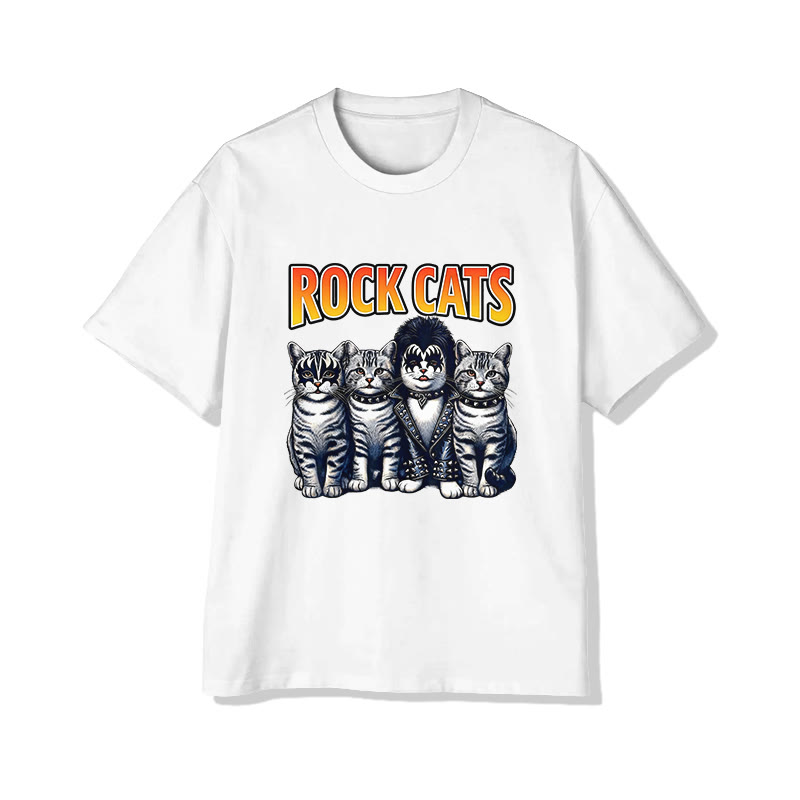 Unisex Rock Cats  Pattern Short Sleeved Crew Neck T-Shirt - White - 2XL - image 3