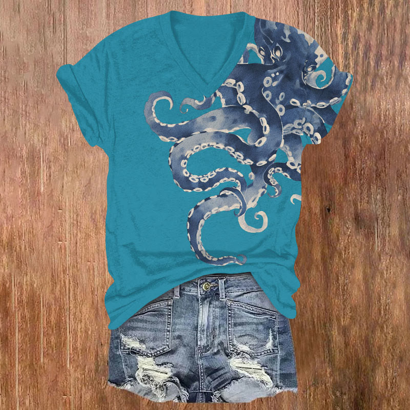 Japanese Watercolor Octopus Art Print T-shirt - Sky Blue - US32-34(5XL) - image 2