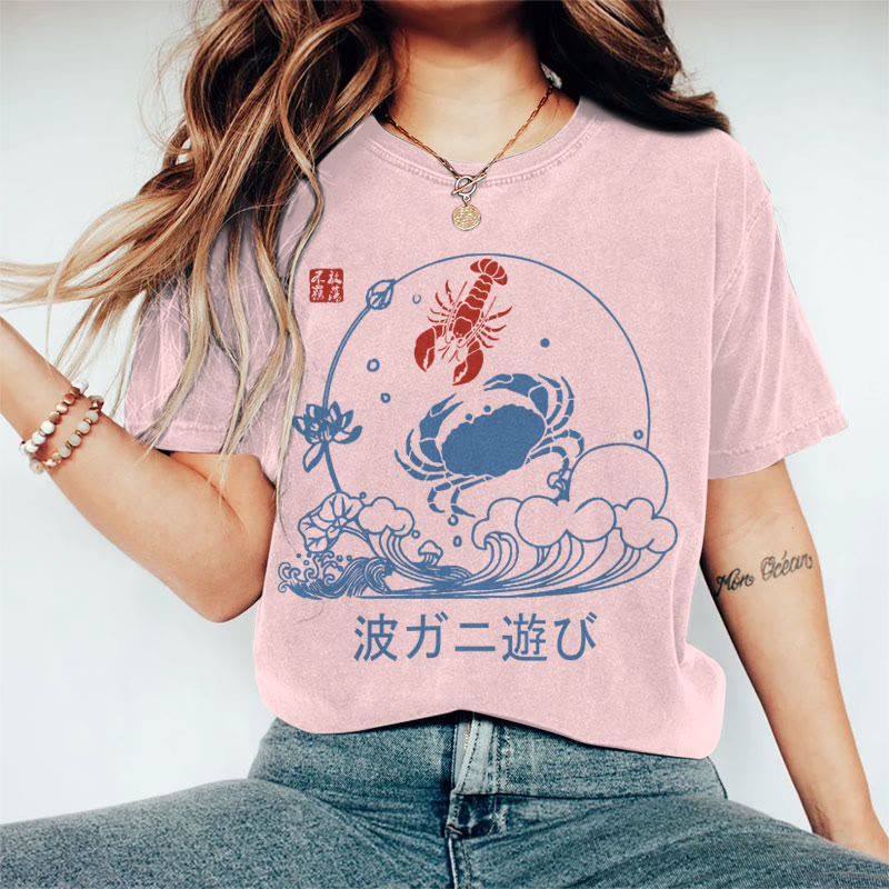 100% Cotton Women's Japanese Vintage Lobster & Crab Art Print Casual T-shirt - Pink - 2XL - image 4