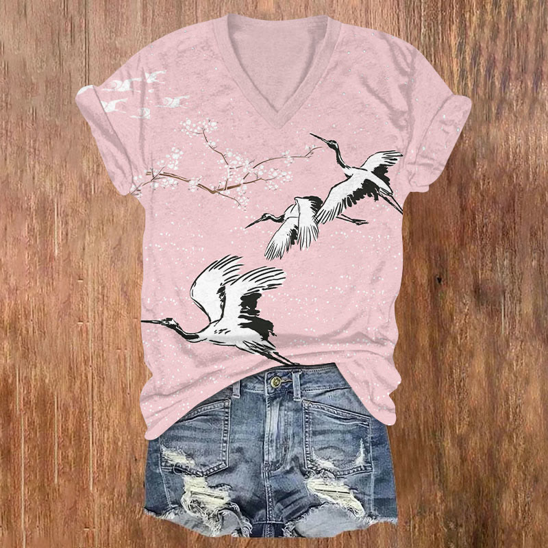 Japanese Romantic Sakura & Cranes Art T-shirt - Pink - US32-34(5XL) - image 2