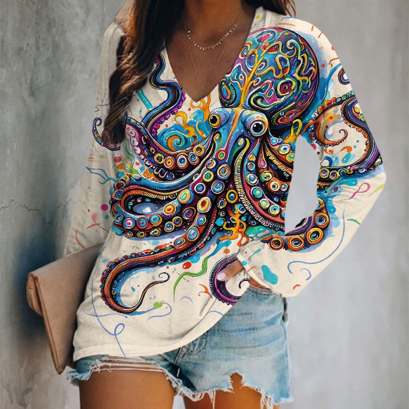 Vintage Rainbow Octopus Art Print Long Sleeve T-shirt - Pink - 5XL - image 2