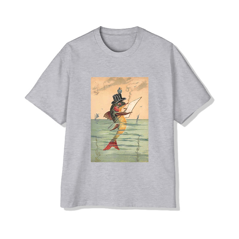 Unisex Vintage Surreal Fish Art Graphic Print Short Sleeved Crew Neck T-shirt - Grey - 2XL - image 3