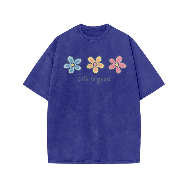 Sunny Bloom Life Is Good Print Acid Washed T-shirt - Blue - US20-22(3XL) - image 6