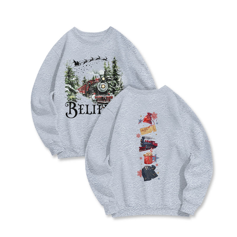 Unisex Believe Steam Locomotive Christmas Print Sweatshirt - Grey - US16-18(2XL) - image 5