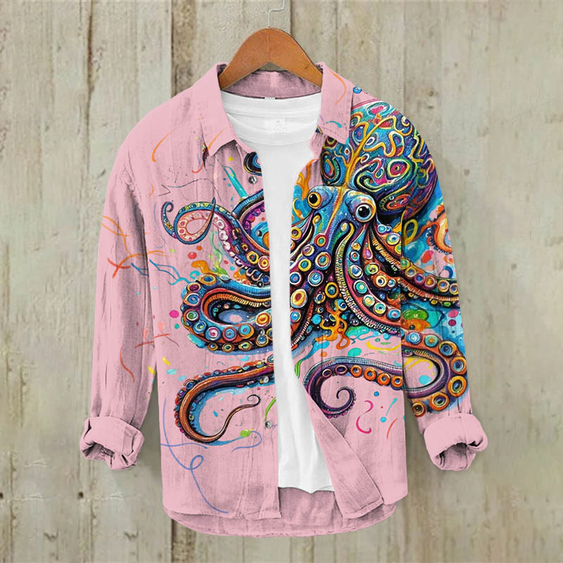 Vintage Rainbow Octopus Print Casual Long Sleeve Lapel Shirt - Pink - 5XL - image 4