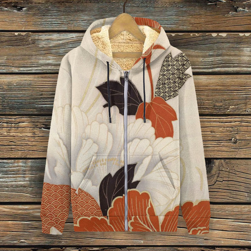 Women's Japanese Colored Leaves Art Printed Fleece Jacket - image 2