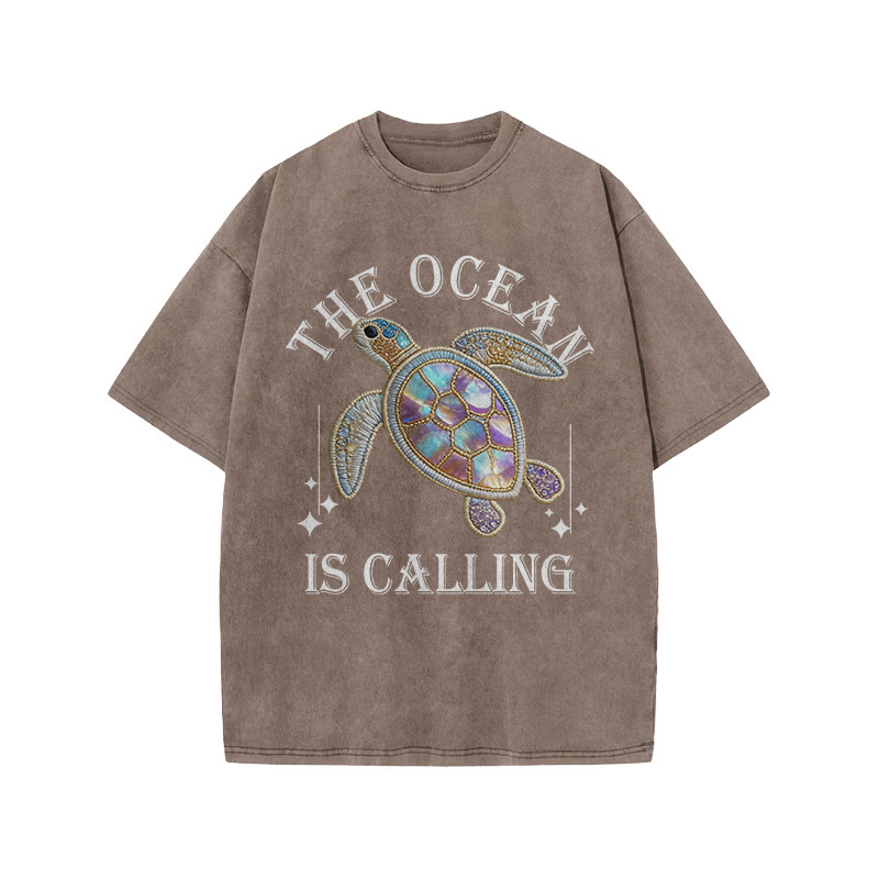 The Ocean Is Calling Sea Turtle Print Acid Washed T-shirt - Coffee - US20-22(3XL) - image 3